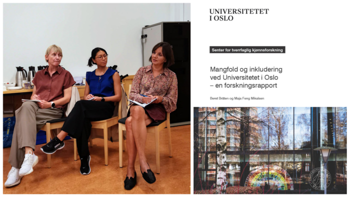Bilde av tre kvinner som sitter og diskuterer samt bilde av rapportens forside